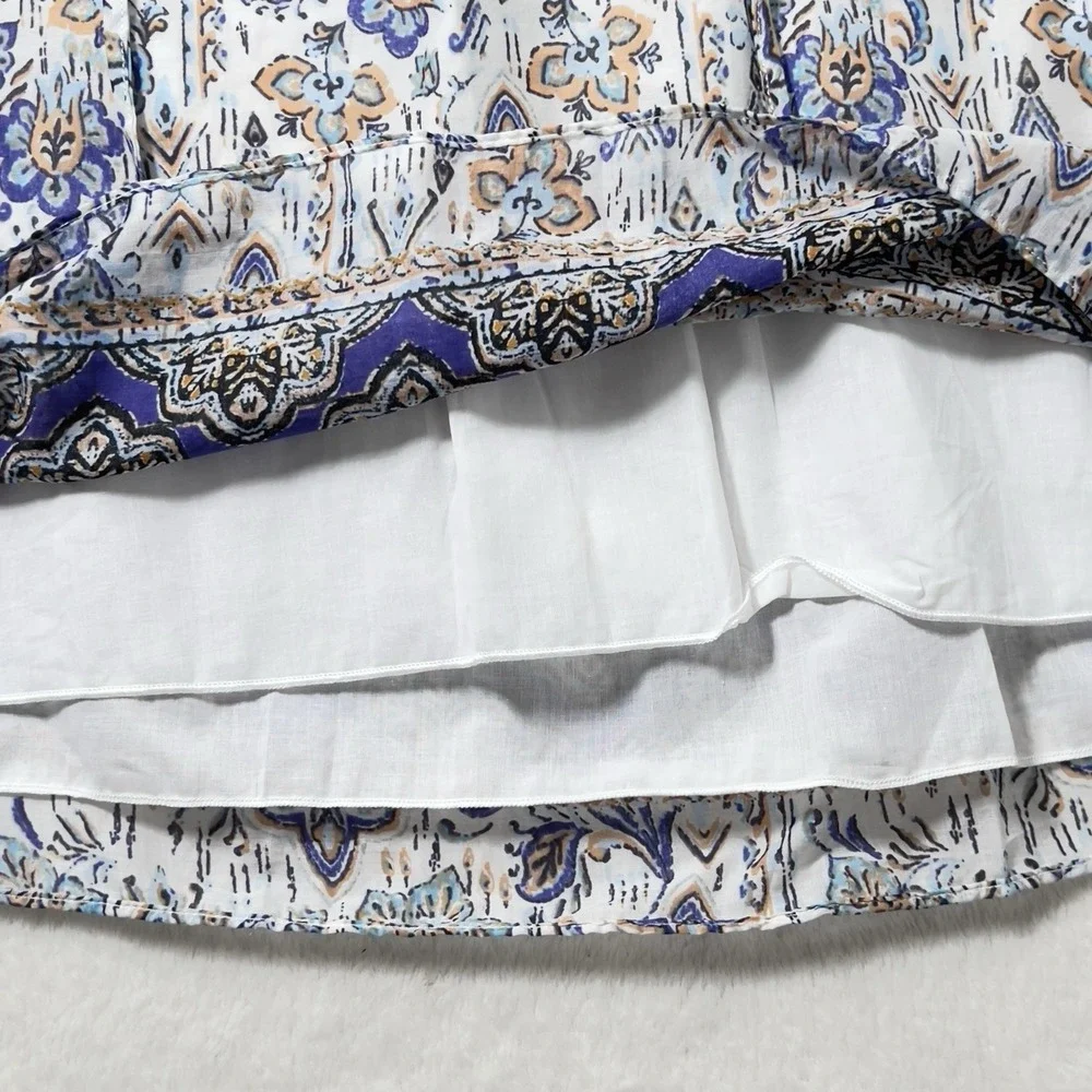 Fate Border‎ Print Tie Neck Peasant Blouse Womens Sz L Long Sleeve Cotton Voile